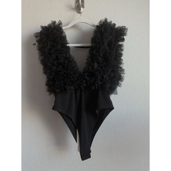 Klesis Women's Small Tulle Ruffled Black Deep-V Organza Bodysuit Sheer NEW - Picture 7 of 16